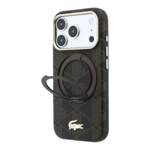 Lacoste PVC pusiau uždengiantis „MagSafe“ dėklas su žiediniu stovu, skirtas iPhone 18 Pro, šviesiai auksinės spalvos