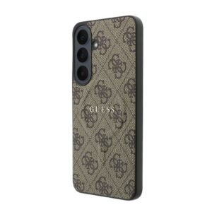 Guess PU odos 4G Gold Frame magnetinis dėklas, skirtas Samsung Galaxy S26 FE, rudas