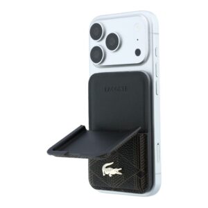 Lacoste PVC mišinio „Monogram Petit Pique“ „MagSafe“ piniginė su stovu, ruda