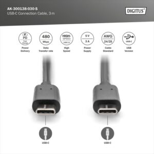 Digitus AK-300138-030-S USB-C Kabelis, USB-C 2.0 Male į USB-C 2.0 Male, 3 m, Juoda - Image 3