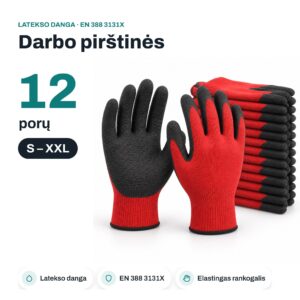 VENNER lateksu dengtos darbo pirštinės EN 388 3131X, raudonos/juodos, 12 porų, dydis XXL - Image 2
